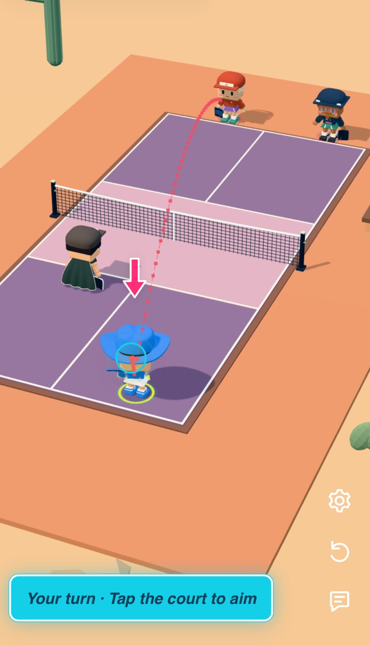 Actual PickleBash gameplay on the Desert court, with a dotted aiming line and a prompt to tap the court