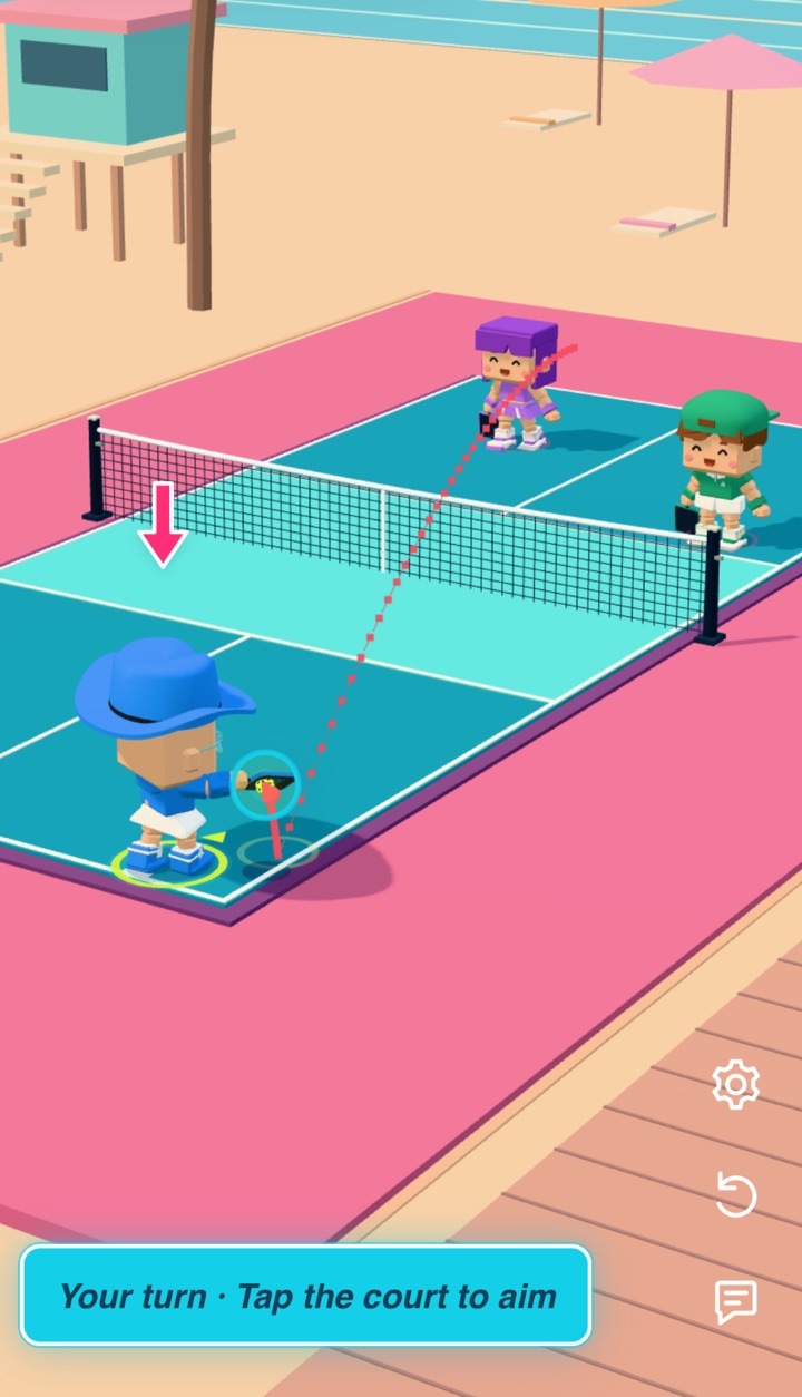 Actual PickleBash doubles gameplay with four customized players and an aiming line on the bright Beach court