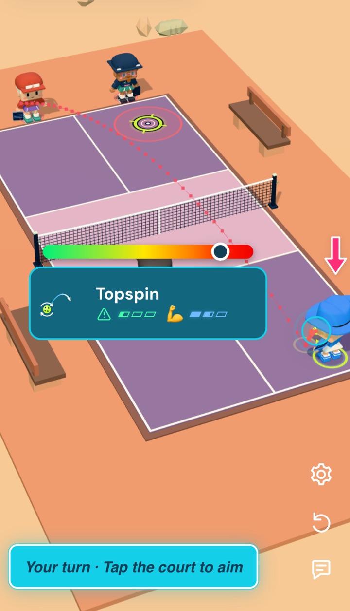 Actual PickleBash gameplay showing the Topspin control, power meter, and aiming target on the Desert court