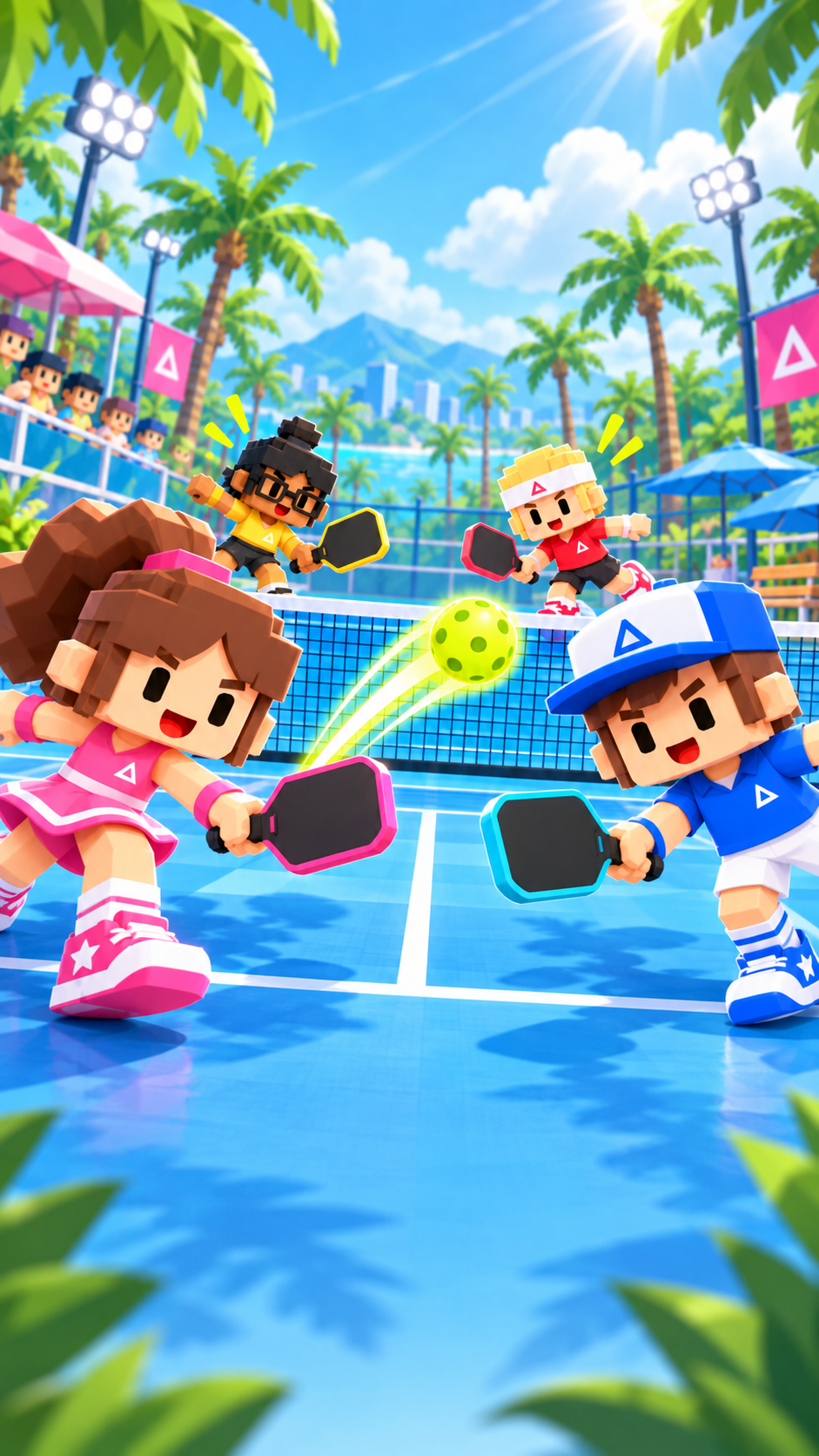 Four colorful PickleBash characters rally on a sunny tropical court